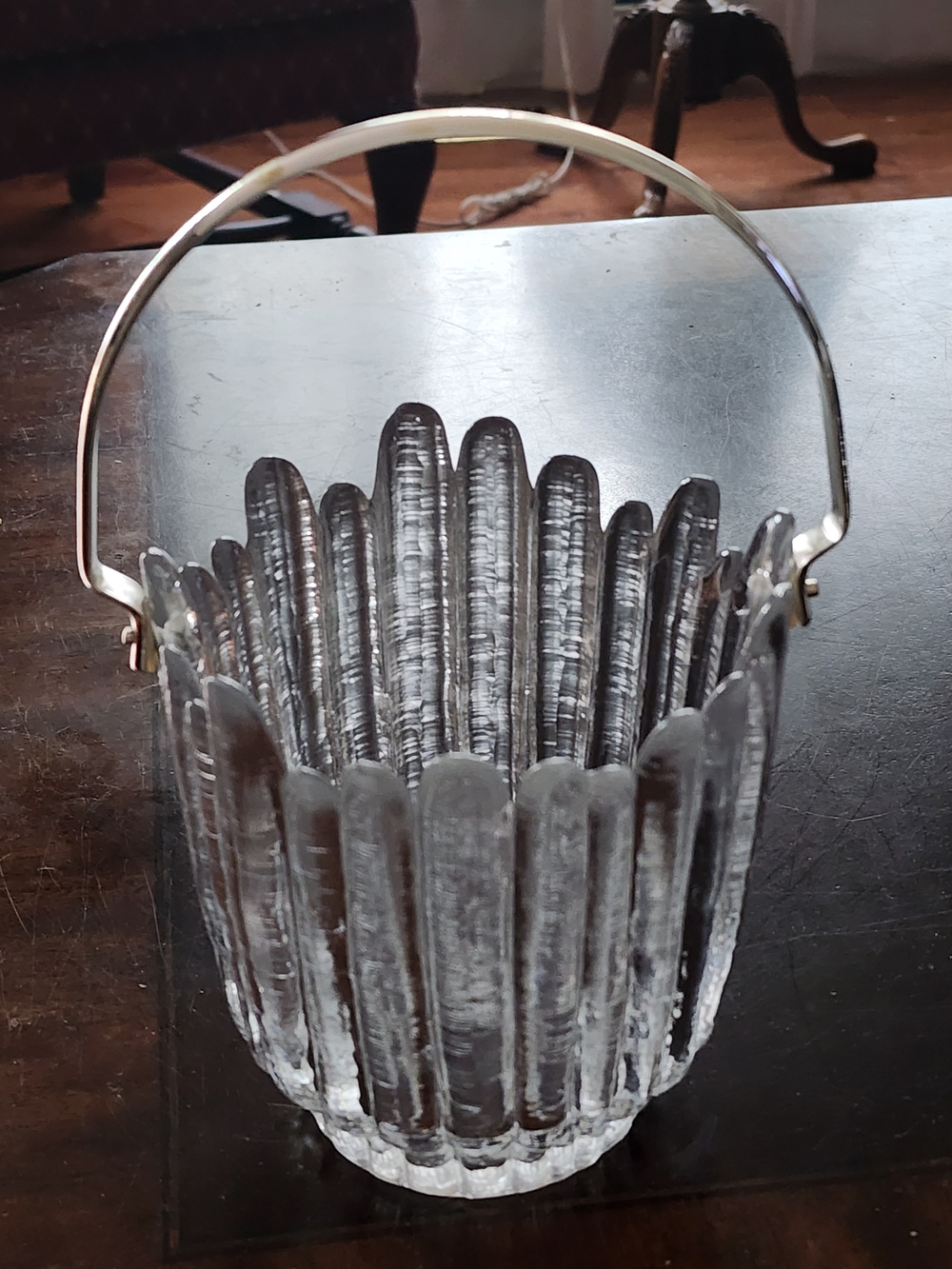 1970's German Clear Art Glass Ice Bucket with Silver Handle